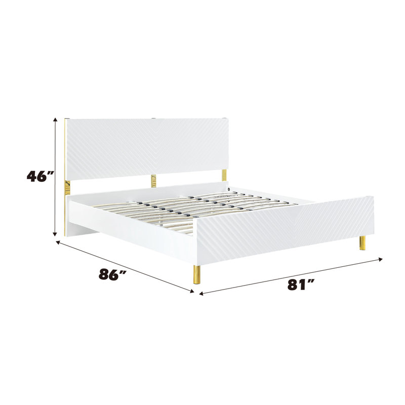 Lit Ek blanc ultrabrillant - sans sommier, structure entièrement en K, motif à vagues, 39 lattes, 4 pieds en métal, capacité de poids de 660 lb, sans charge de ressort