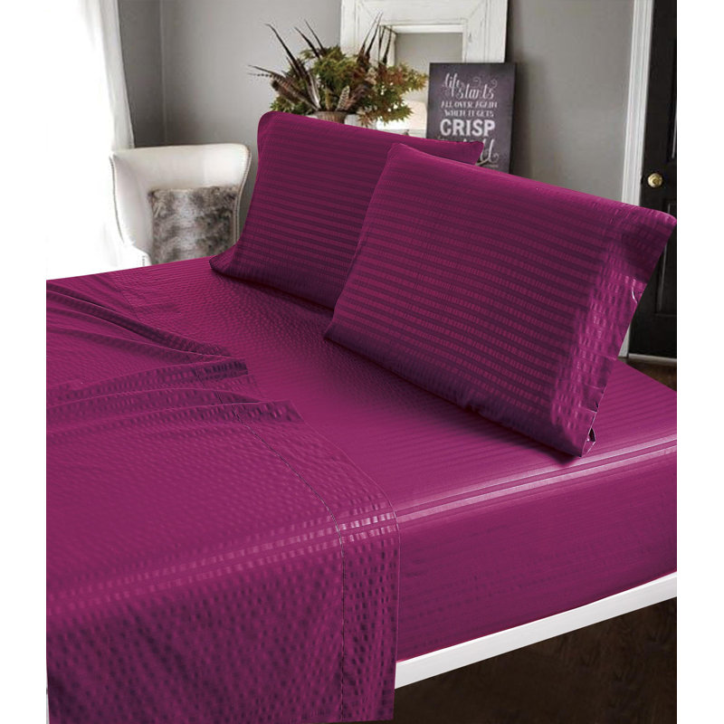 100% Cotton Sateen Striped Sheet Set, Queen Sheet Set + 2 Pillowcases, Burgundy