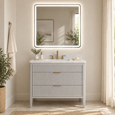 Meuble-lavabo sur pied gris mat de 91 cm avec lavabo intégré et miroir de courtoisie à DEL de 91 x 91 cm.