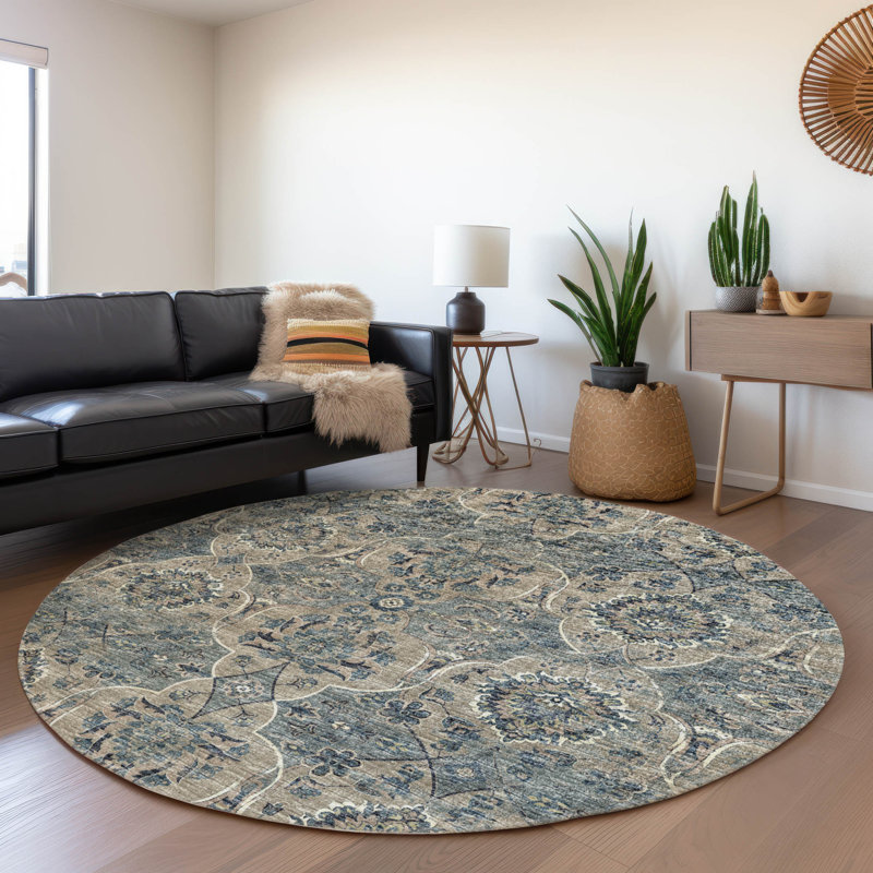 Premium Machine Washable Alliah AMF95 Blue Rug, Round 8'