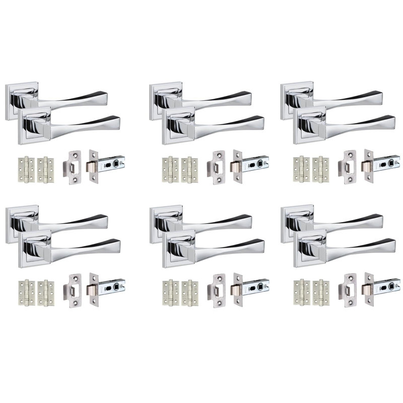 6 Pairs Straight Astrid Premium Design Door Handles on Square Rose in Polished Chrome Finish
