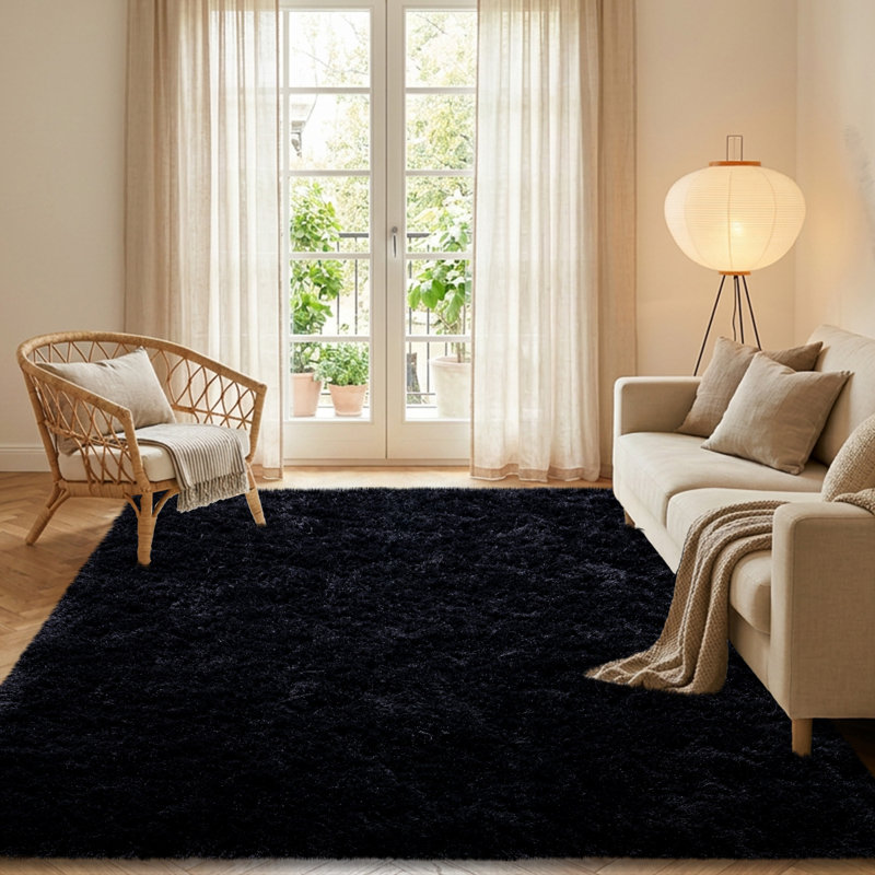 Solid Rug Soft Fluffy Black Indoor Area Rug for Living Room Bedroom Nursery Kids Room, Rectangle 5' x 7', Black