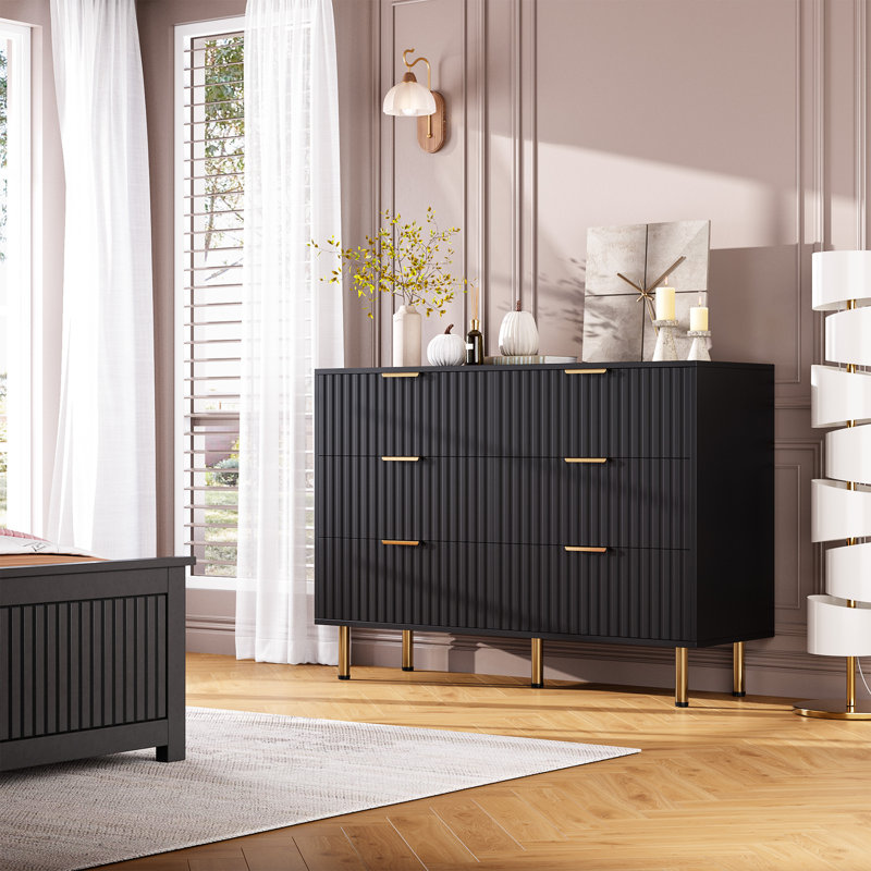 Commode de rangement cannelée à 6 tiroirs, Noir