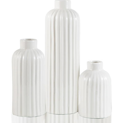 Ceramic Vases Set Of 3 - Small Ribbed Flower Vases For Modern Minimalist Home Decor, Bookshelf, Fireplace, Entryway, And Dining Table Centerpieces