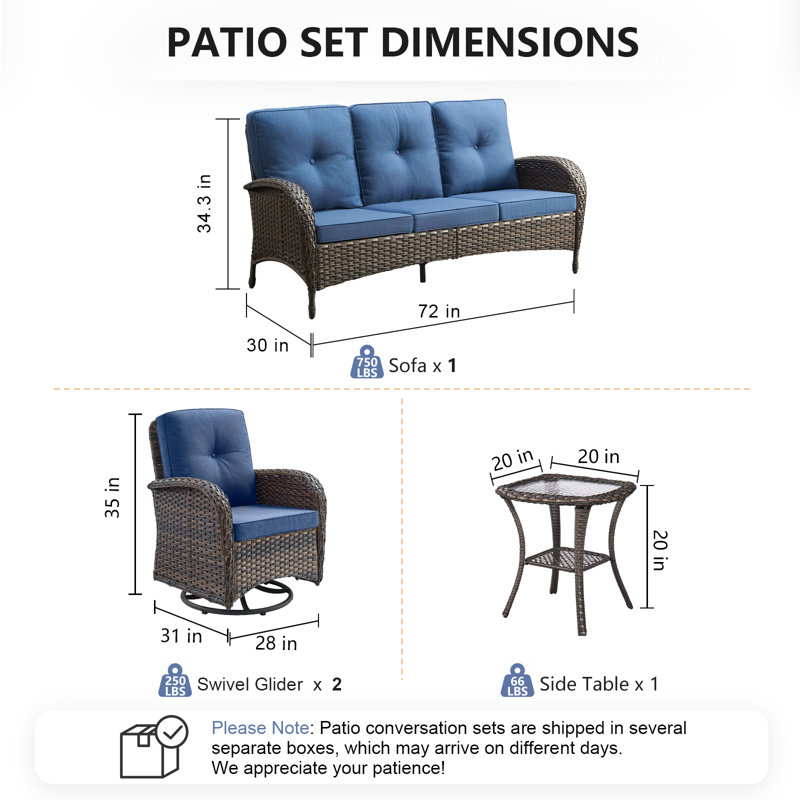 Ensemble de conversation pour patio en osier pour 5 personnes avec coussins Aristil, Bleu