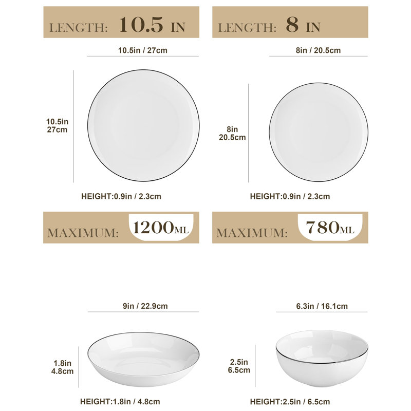 24 Piece Dinnerware Set, Service for 6, Elisa/Black Rim