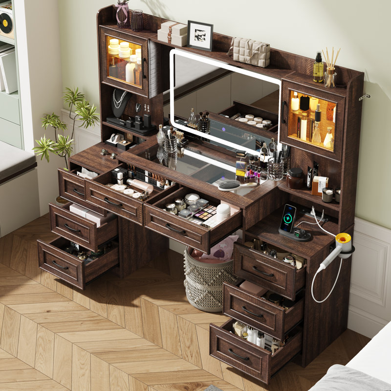 61" W Farmhouse Vanity W/Mirror And Lights,Makeup Vanity W/Tempered Glass Top,2 RGB Glass Cabinets,Power Outlet, Brown
