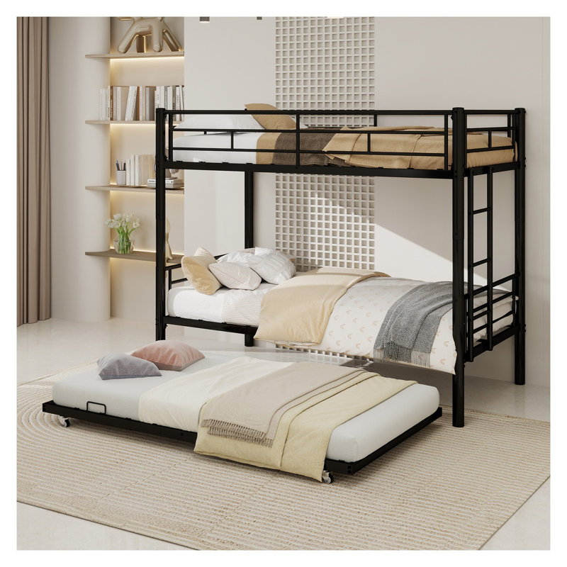Lit superposé simple au-dessus de simple avec lit gigogne en métal robuste - cadre robuste noir, garde-corps à sécurité réduite et aucun sommier