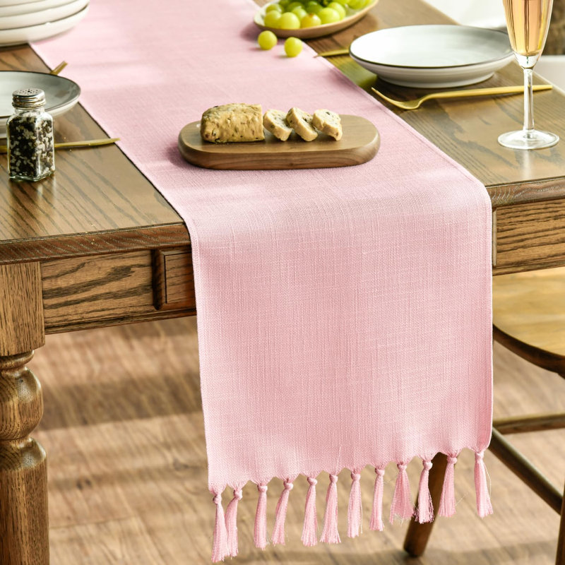 Boho Rustic Tassel Table Runner 33x183cm, Kitchen Dining Table Decoration Wedding Holiday Party Decor, Blush Pink
