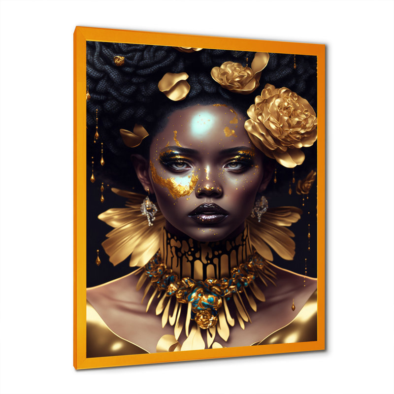 Art floral doré et noir femme VI - Art mural afro-américain, H 32 po x l 24 po x P 1 po, Impression sur dorée toile encadrée