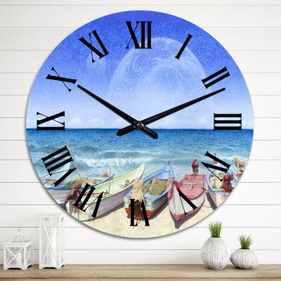 Bateaux sur la plage avec Supermoon - Horloge murale nautique et côtière