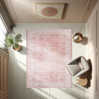 Vintage Patterned Woven Base Decorative Powder Pink Carpet