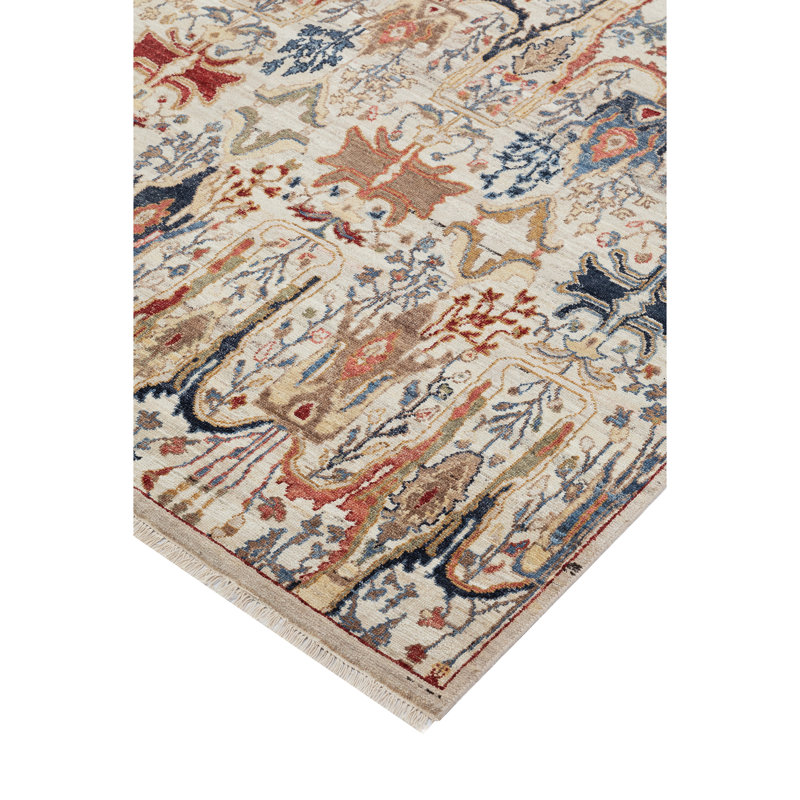 Wool Damask Area Rug in Ivory/Red/Blue/Brown, Rectangle 9' x 12'