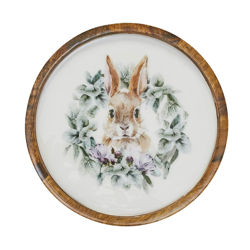 Assiette en bois Bunny Hop naturel avec lapin et couronne, H 10 po x l 10 po x P 0,75 po