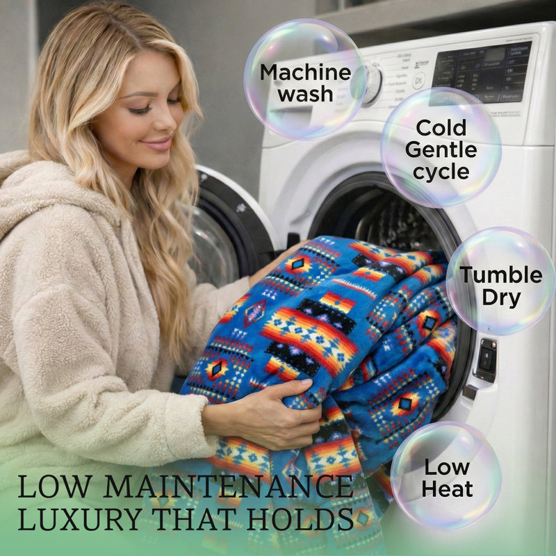 Plush Western Fleece Blanket, Double Sided, 87" W x 95" L, Blue Geometric