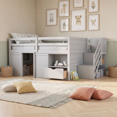 Full Size Low Loft Bed with Built-in Stairs, Under-Bed Storage Drawer and LED Light