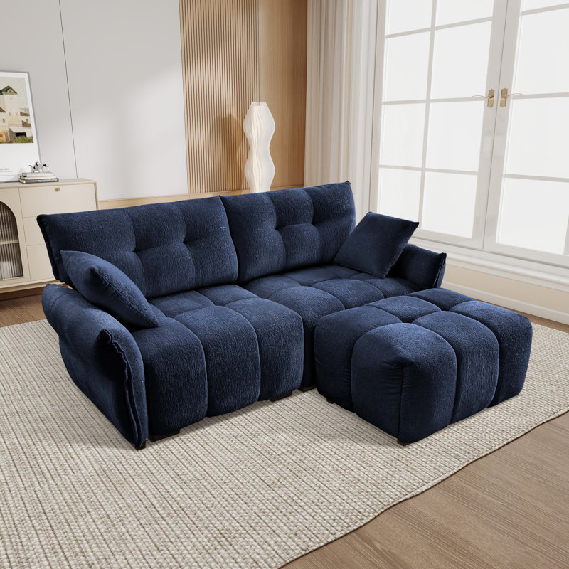 Chenille Upholstered 2-Seater Sectional Sofa With Ottoman, Blue Chenille