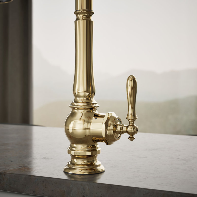 Artifacts Touchless Pull Down Kitchen Sink Faucet with Three-Function Sprayhead, Vibrant French Gold