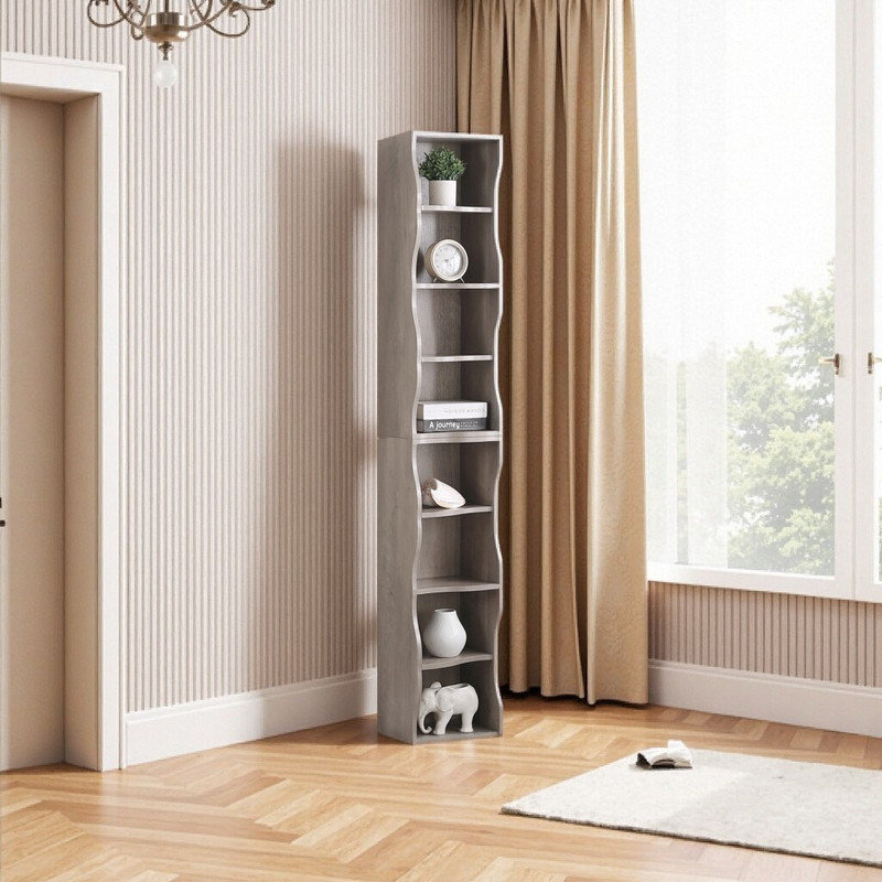 8-Tier Adjustable Shelf Bookcase With Wavy Border Design, Gray