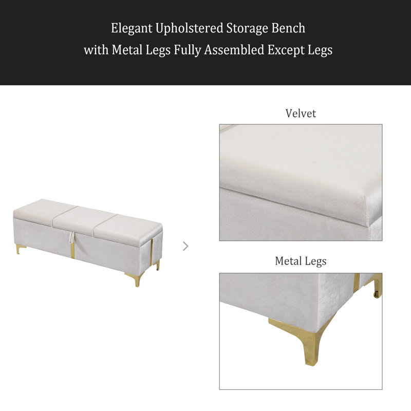 Élégant repose-pieds de rangement rembourré, banc de rangement avec pieds en métal pour la chambre à coucher, le salon, entièrement assemblé sauf les pieds, beige