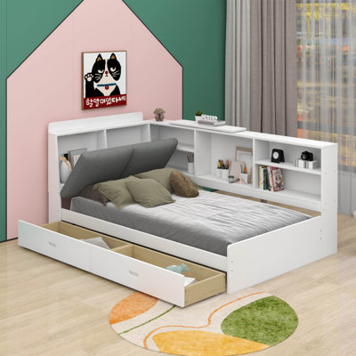 Twin Size Platform Bed With Storage Headboard, Shelves And Drawers