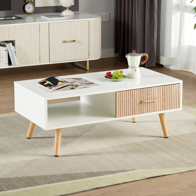 Table basse rectangulaire avec pieds en bois massif, Blanc, Naturel