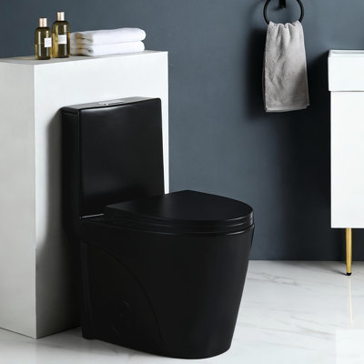 One - Piece Toilet With 1.1/1.6 Dual Flush, Soft Closing Seat, Elongated Bowl, Matte Black, Space Utilizing Design, Accessible Design