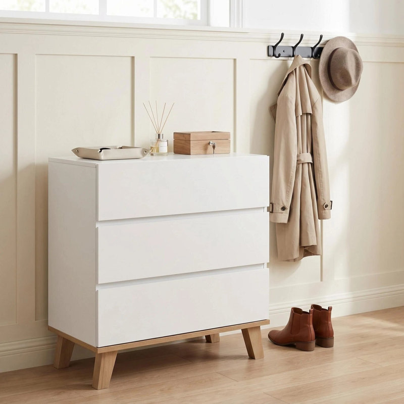 Commode 3 tiroirs blanche, commode de rangement moderne sans poignée avec pieds en bois naturel massif, 3 tiroirs