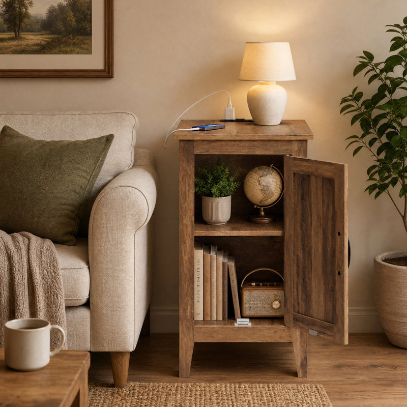 Table de bout avec station de charge, table de chevet étroite avec armoire de rangement,, Warm Brown