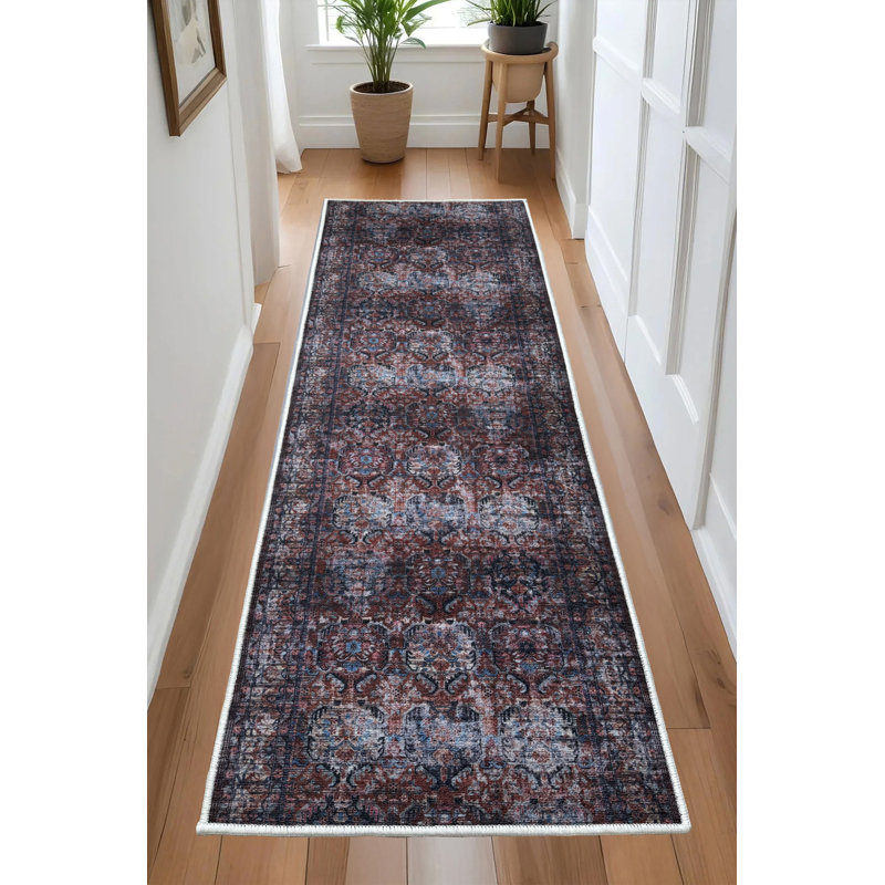 Custom Size Anti-Slip Low Profile Oriental Printed Design Runner Rug, Rectangle 2'1" x 4'