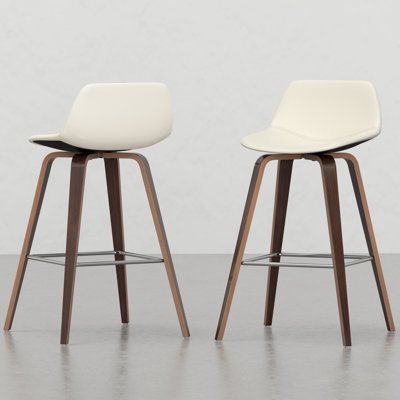 Mid-century Modern Stools ( Of 2) - Cream Upholstered Seat, Footrest, Brown Veneer Legs, Assembly Needed Counter/bar Stool 2 Footrest Living Room Essential Furniture