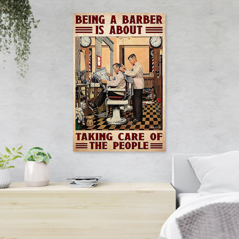 «Barber and His client - Being A Barber Is About», reproduction d'art graphique sur toile tendue 1 pièce