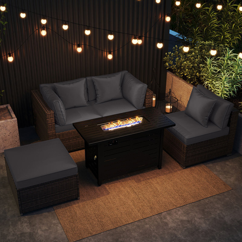 Ensemble de 5 meubles de patio en rotin avec cadre et table de foyer 60 000 BTU gris, Gris