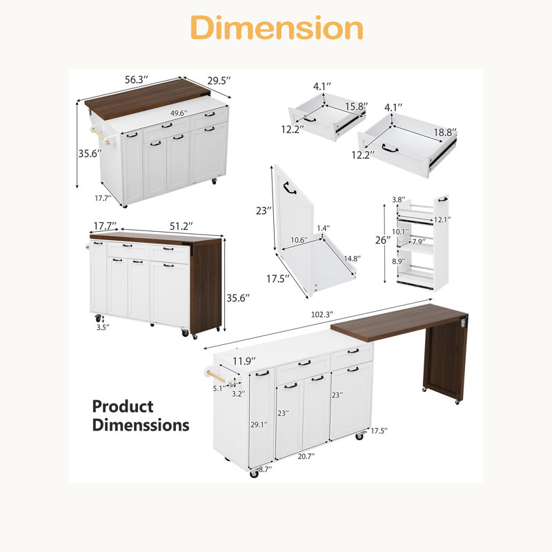 102.3" Kitchen Island With Extendable Dining Table, Kitchen Rolling Island Cart With Trash Storage Cabinet, 3-Tier Pull-Out Spice Rack