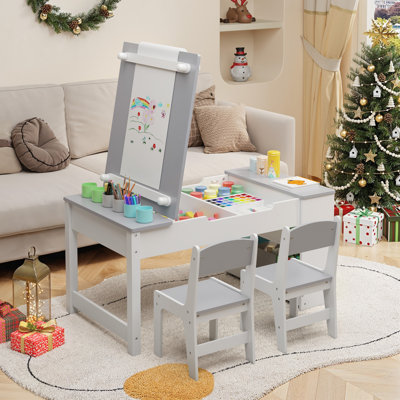 Kids Art Table And Chair Set, Convertible Art Easel & Wooden Activity/Craft Table With 2 Chairs, Storage Bins & Organizer Shelves For Toddlers’ Drawing, Playing & Learning