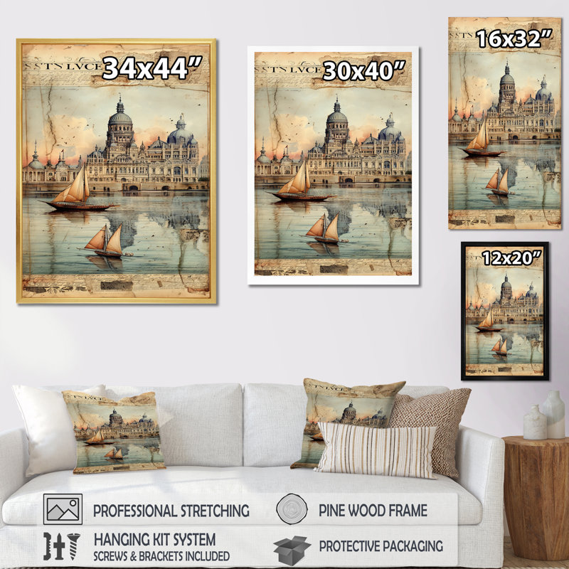 «Venice Distant Memories Journal Collage», reproduction sur toile, Cadre simple argenté, H 40 po x l 30 po x P 1,5 po