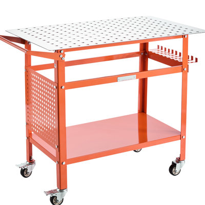 Établi de soudage 40 po x 24 po, poids statique de 800 lb, structure en acier dynamique de 600 lb, trous d'installation de 216 5/8 po, rangement à double couche, suspension latérale pour outils, 11 crochets, 4 roues à 2 freins, orange