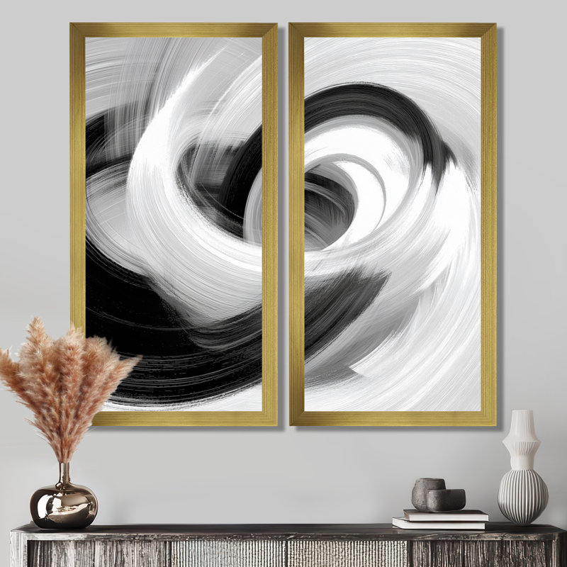 «White and Black Ink Spiral - Abstract Spirals Wall Art Decor», reproduction sur toile abstraite blanche 2 pièces, Doré