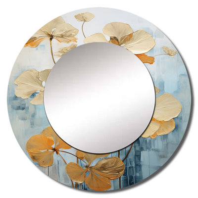 Golden Blue Geraniums Bloom I - Geraniums Unique Wall Mirror, Traditional Round Mirror, Printed Metal Art