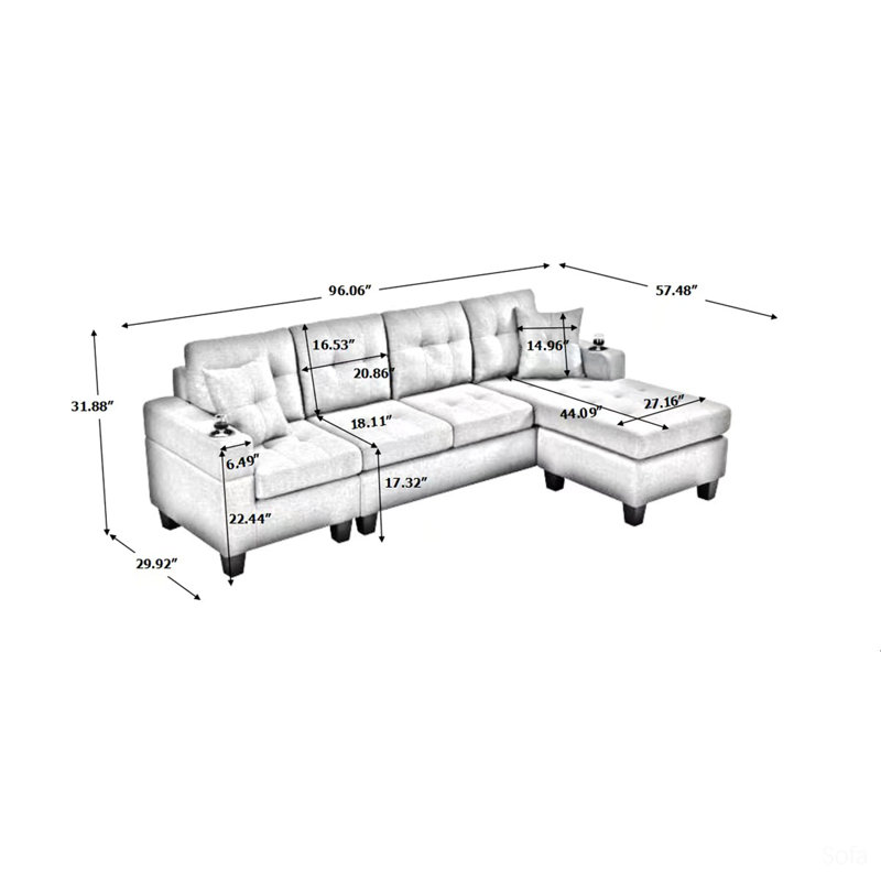 Calliandra Upholstered L-Shaped Sectional Left Hand Facing, Gray Linen,  Right Hand Facing