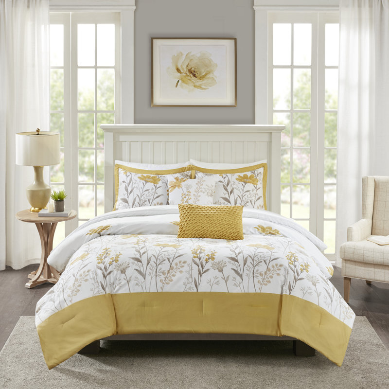 Ensemble d'édredon 5 pièces en coton Meadow, Édredon grand, 2 taies décoratives et 2 coussins