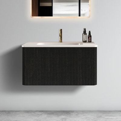 Meuble-lavabo contemporain: 30 po avec chêne noir, lavabo en céramique blanche, meuble-lavabo d'organisation pratique - lavabo rayé de conception moderne, caractéristique à considérer