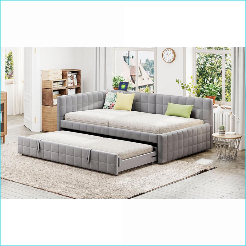Full Size Upholstered L-Shaped Daybed with Twin Pop Up Trundle &amp; USB Ports, Gray - Ideal for Modern Bedrooms, Gray
