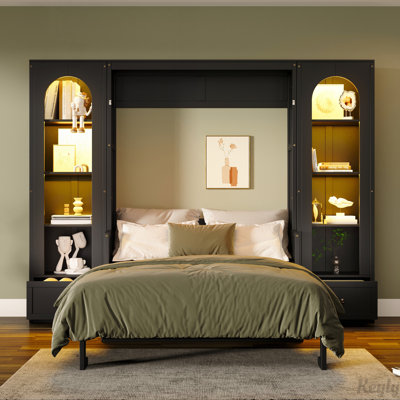 Queen Size Murphy Platform Bed with Shelf, Side Cabinets, Drawers and LED, Black(Old SKU: N7090002226B)
