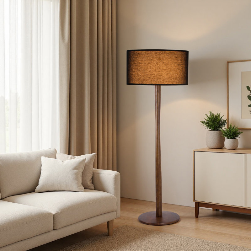 61" Walnut Floor Lamp with 19.7" Large Fabric Drum Shade, Solid Wood Standing Lamp for Living Room, Bedroom, Office & Corner, UL Listed, Bulb Not Included