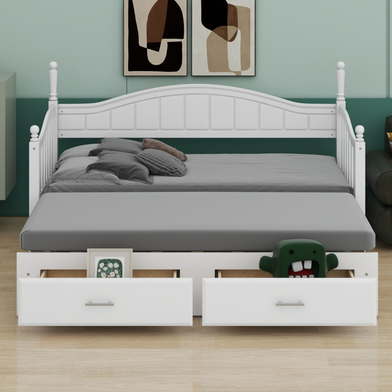 Daybed With Trundle Bed, Extendable Daybed With Two Storage Drawers, White