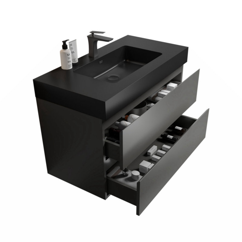 Meuble-lavabo simple avec plateau 35,8 Shveta, Noir, Gris