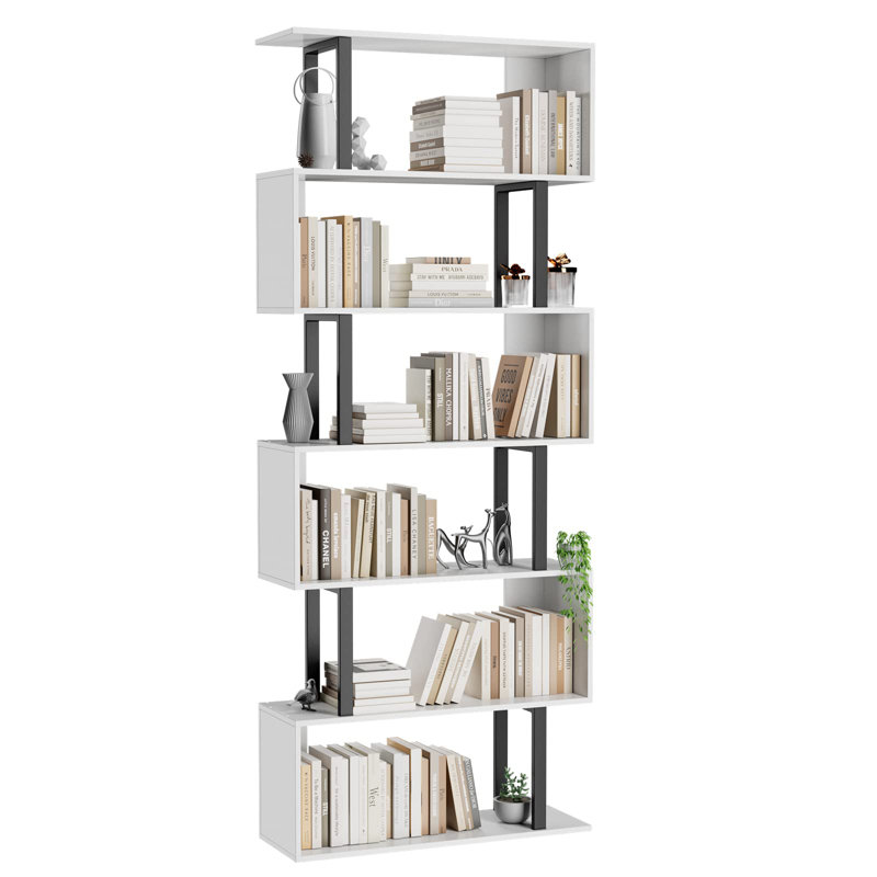 White and Black 6-Tier Geometric Wood and Metal Bookcase