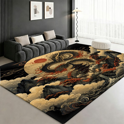 Tapis rétro noir, or et rouge Dragon Sun Zodiac, motif artistique de style chinois mythique, tapis antidérapant durable et doux lavable à la machine, décoration intérieure élégante et unique pour le salon, la chambre à coucher, le vestibule, le bureau, la salle de jeux, appartement
