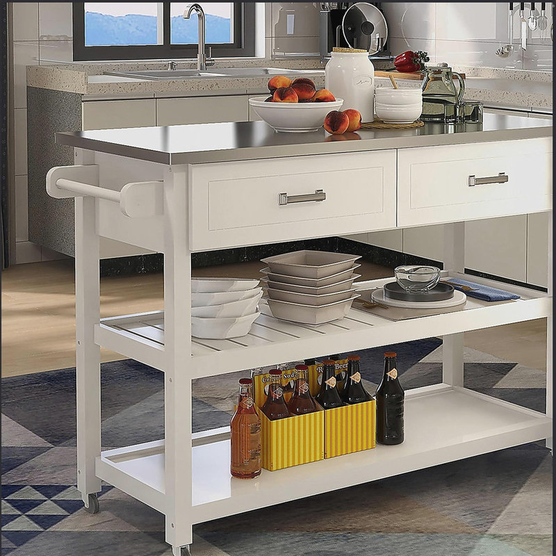 Stainless Steel Table Top White Kicthen Cart With Two Drawers